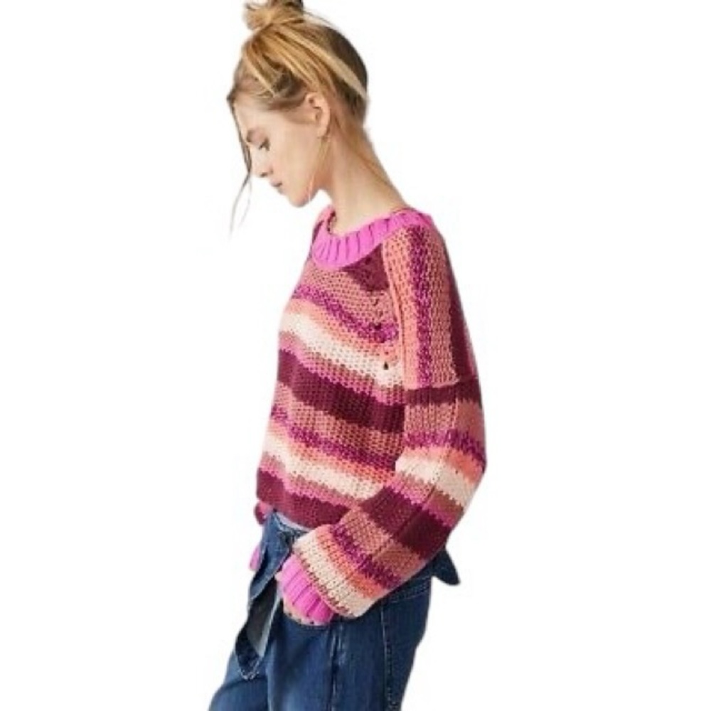 Free People Devon Cropped Knit Striped Sweater in Fuchsia Rose, Sz Sm - Picture 2 of 16